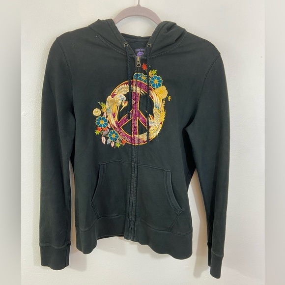 Lucky Brand Hoodie Vintage Embroidered Peace Sign Sz Large Black Hippie Grunge - Picture 1 of 8